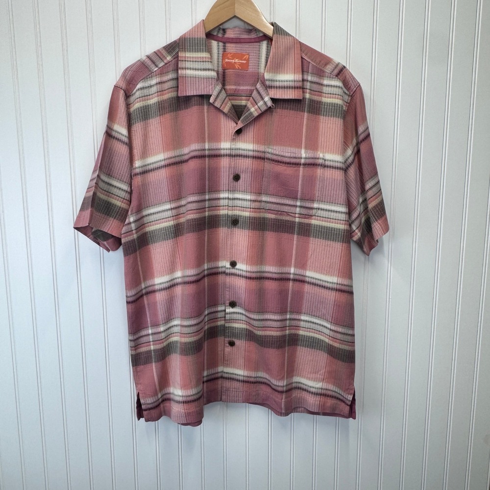 Tommy Bahama Silk Button Up Shirt Mens Large Pink Plaid Camp Collar Resortwear
